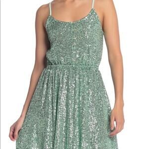 MelloDay Green Sequins Dress Large Faux Button Down Spaghetti Strap New